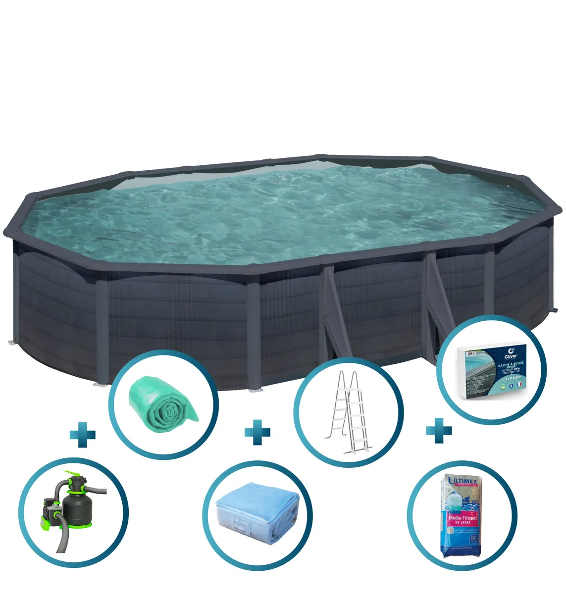 PISCINE ACIER 6,10x3,75 H 1,32 GRAPHITE XTRA